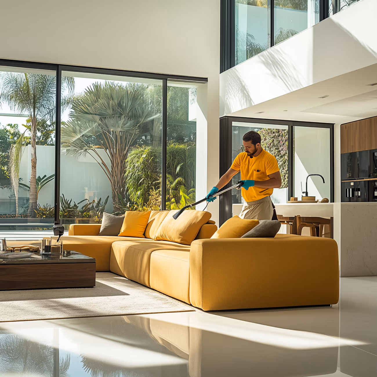 a man using vacuum to clean a sofa bed